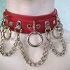 Ape Leather Red Leather Bondage Choker With 3 Rings, Clips And Chain