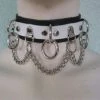 Ape Leather White On Black Leather Choker With 3 Rings, Clips, And Chain Men's Stuff