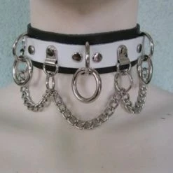 Ape Leather White On Black Leather Choker With 3 Rings, Clips, And Chain Men's Stuff