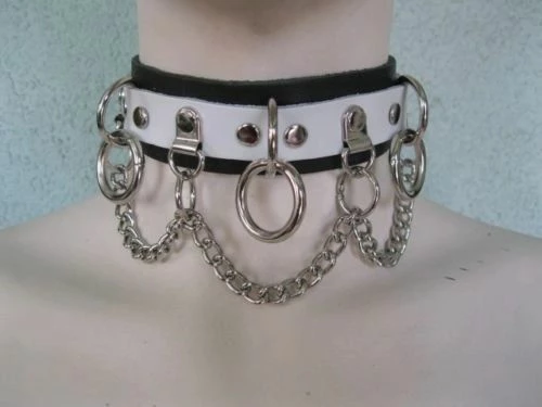 Ape Leather White On Black Leather Choker With 3 Rings, Clips, And Chain Men's Stuff 3 Ape Leather White On Black Leather Choker With 3 Rings, Clips, And Chain Men's Stuff