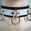 Ape Leather White On Black Leather Bondage Choker With 3 Rings Men's Stuff