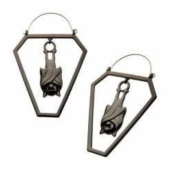 BodyVibe Black Plated Cut Out Bat In Coffin Plug Hoops