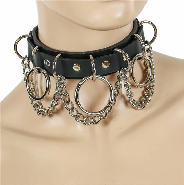 Funk Plus Black Leather 3 Ring Hanging Chain Choker Chokers And Collars 3 Funk Plus Black Leather 3 Ring Hanging Chain Choker Chokers And Collars