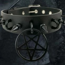 Funk Plus 1 1/4" LEATHER CHOKER WITH U RING AND 2" STAINLESS STEEL PENTAGRAM RING 16 Funk Plus 1 1/4