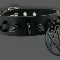 Funk Plus 1 1/4" LEATHER CHOKER WITH U RING AND 2" STAINLESS STEEL PENTAGRAM RING 14 Funk Plus 1 1/4