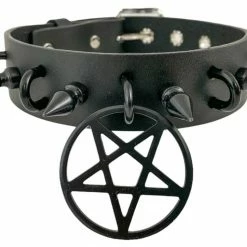 Funk Plus 1 1/4" LEATHER CHOKER WITH U RING AND 2" STAINLESS STEEL PENTAGRAM RING