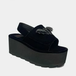 Strange Cvlt Lilly Bat Black Velvet Platform Sandal Footwear