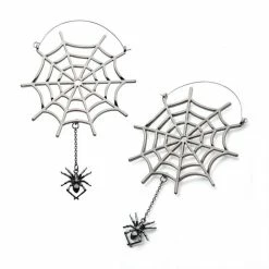 BodyVibe Stainless Steel With Silver Plated Spider Web And Dangling Spider Plug Hoops