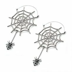 BodyVibe Stainless Steel With Silver Plated Spider Web And Dangling Spider Plug Hoops