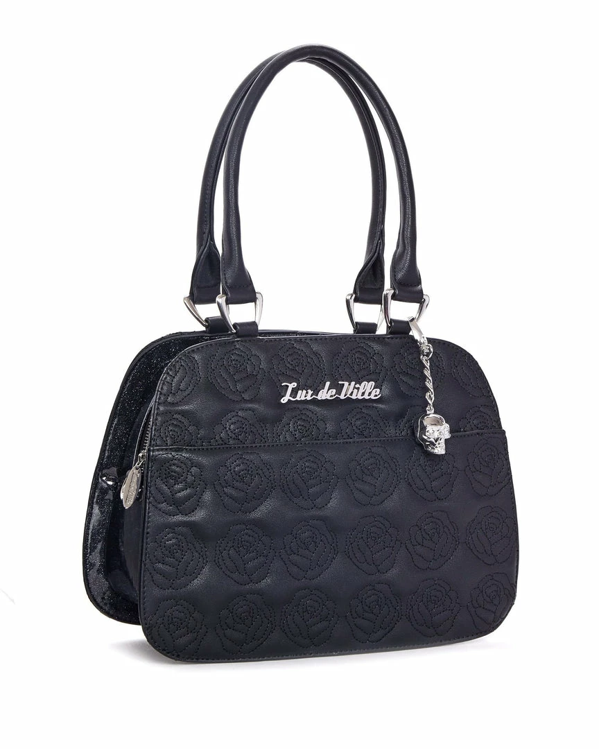 Lux De Ville Skull And Roses Tote Black Matte With Midnight Sparkle Bags & Backpacks 3 Lux De Ville Skull And Roses Tote Black Matte With Midnight Sparkle Bags & Backpacks