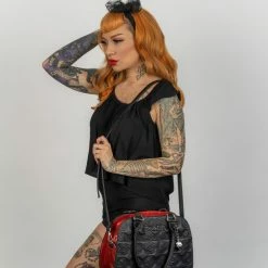 Lux De Ville Skull And Roses Tote Black Matte With Venom Red Sparkle