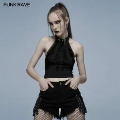 Punk Rave Women's Stuff Grunge Ripped Skull Halter Crop Top