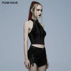 Punk Rave Women's Stuff Grunge Ripped Skull Halter Crop Top