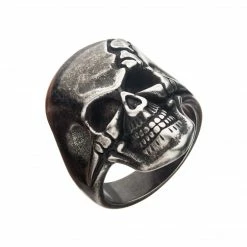 INOX Antiqued Stainless Steel Cracked Skull Ring Jewelry