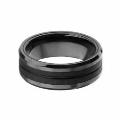 INOX Black Plated With Double Line Solid Carbon Fiber Ring Men's Stuff
