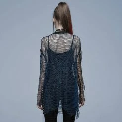 Punk Rave Grunge Double Color Splice Mesh Top - Black And Blue Men's Stuff