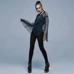 Punk Rave Grunge Double Color Splice Mesh Top - Black And Blue Men's Stuff