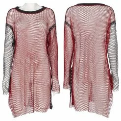 Punk Rave Grunge Double Color Splice Mesh Top - Black And Red