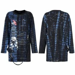 Punk Rave Men's Stuff Grunge Skull Printed Ripped Shirt With Detachable Hood - Blue