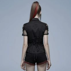 Punk Rave Women's Stuff Punk Plaid Splice Mesh Strappy Shirt