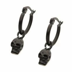 BodyVibe Jewelry Matte Black Plated Hoop With Skull Dangle Earrings